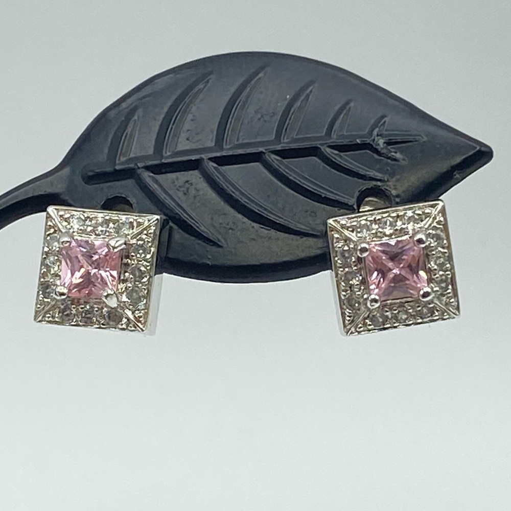 Ross Simons 925 Silver Cubic Zirconia Earrings Square Pink CZ Stud Preppy signed